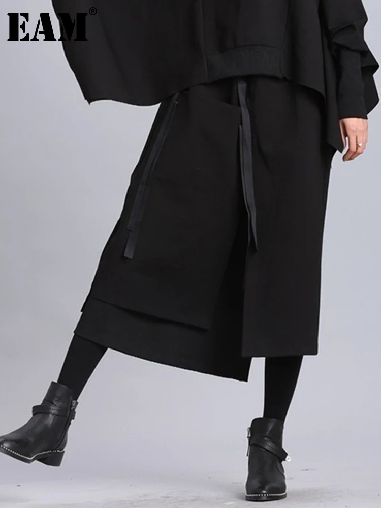 [EAM] High Elastic Waist Black Irregular Ribbon Long Casual Half-body Skirt Women Fashion Tide New Spring Autumn 2024 JL233