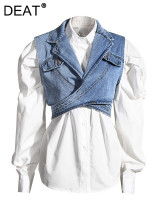 DEAT 2024 new Autumn And Autumn fashion denim Vest and white cotton shirt two pieces single breasted top female 1Z595