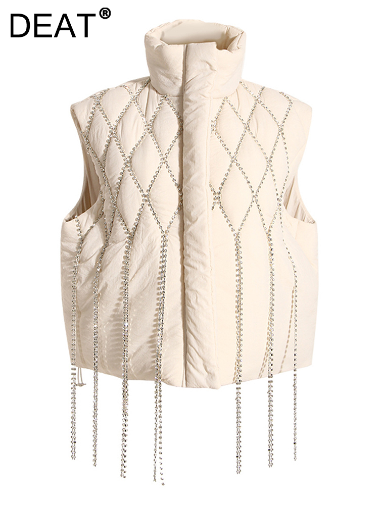DEAT Fashion Women's Waistcoat Loose Stand Collar Single Breasted  Sleeveless Plaid Diamonds Tassel Vest Winter 2024 New 1DF2572