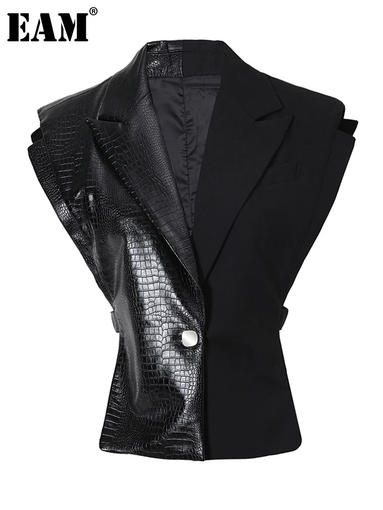 [EAM] Women Black Pu Leather Button Shaped Design Big Size Vest New Lapel Sleeveless Fashion Tide Spring Autumn 2024 17A415201
