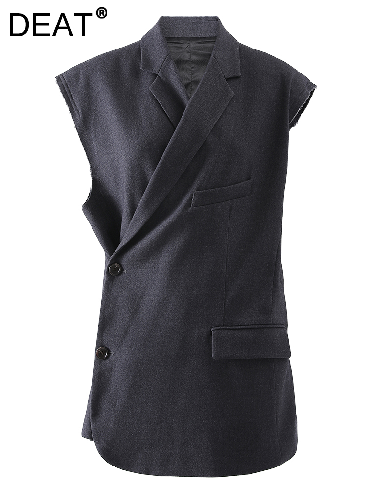 DEAT Fashion Women's Blazer Vest Notched Collar Sleeveless Single Breasted Irregular Slim Split Tops Spring 2024 New 2DA1510