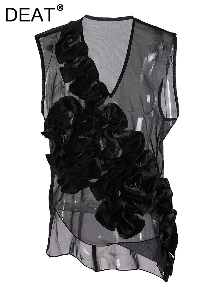 DEAT Fashion Women's T-shirt Sleeveless V-neck Spliced 3D Floral Thin Translucent Black Slim Tops Spring 2024 New Tide CPDB009