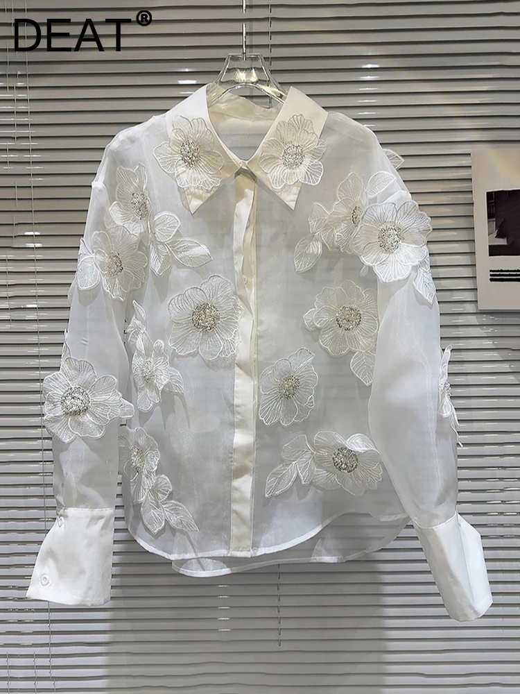 DEAT Spliced Sequin Flower Shirt For Women Turn-down Collar Single Breasted Mesh Long Sleeve Blouse Female 2024 Spring 11XX8443