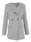 DEAT Fashion Women's Blazer V-neck Deconstruction Side Button Waist Long Sleeve Gray Suit Jackets Spring 2024 New Tide CPDB002