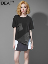 DEAT Fashion Women's T-shirt Short Sleeves Pockets Patchwork Folds Asymmetric Hem Loose Streetwear Tops Summer 2024 New CPG1350