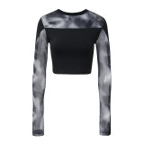DEAT Fashion Women Print T-shirt Midriff-baring Round Collar Long Sleeves Contrast Color Slim Short Tops Summer 2024 New CP2760