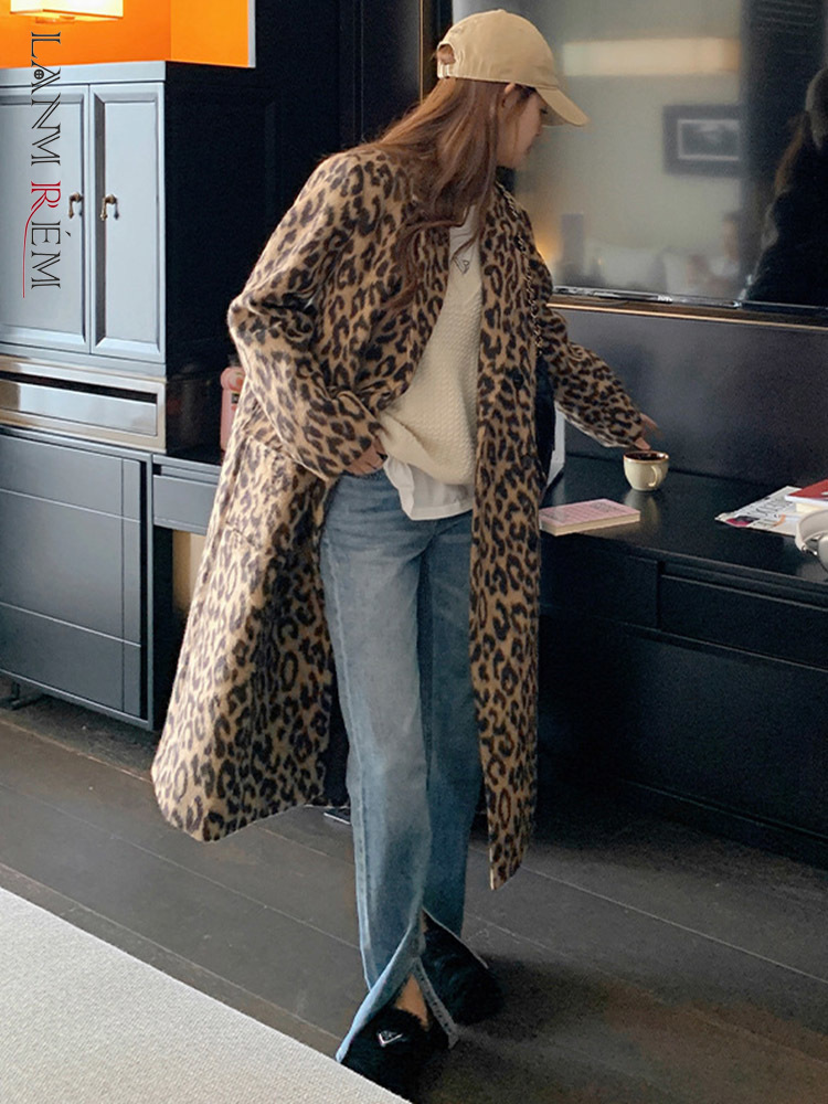 LANMREM 2024 Winter Leopard Print Woolen Coat For Women Long Length Double Breasted Fashion Streetwear Luxury Clothing 2R7804