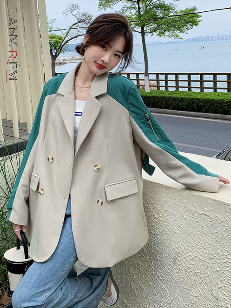 LANMREM Stitching Blazers Coat For Women 2024 Spring Lapel Double Breasted Contrast Color Loose Casual Top With Pockets 2R4506