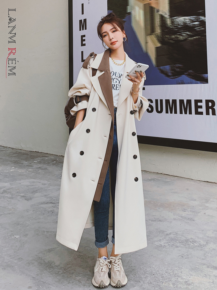 LANMREM New Fashion Women Trench Long Double-Breasted Lady Color Block Coat 2024 Spring Female Outerwear Windbreaker 2R3883