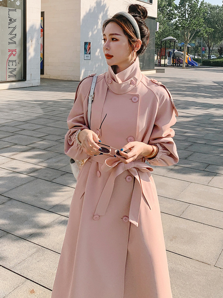 LANMREM Pink Trench Coat For Women 2024 Spring New Double Breasted Long Sleeves Belt Windbreaker Female Outerwear Elegant 2R3056