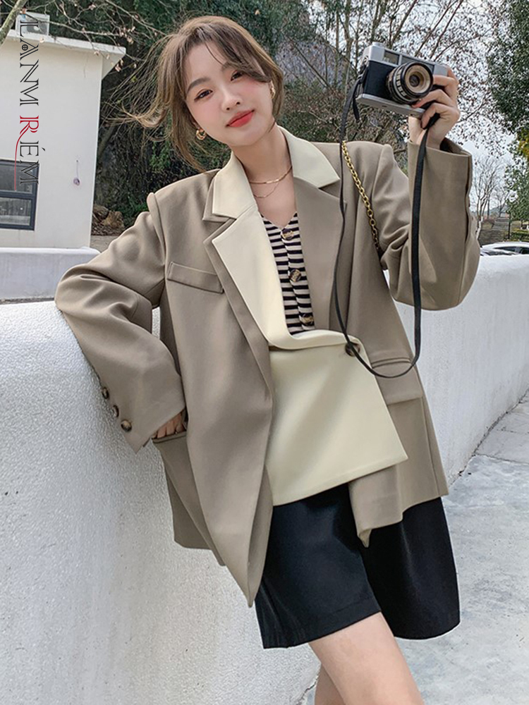 LANMREM Patchwork Asymmetric Blazer For Women Long Sleeve Color Block Turn-down Collar Coat Fasion Female 2024 Spring 2N725