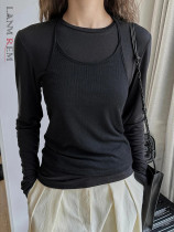 LANMREM Designer Fashion T-shirt For Women Contrast Color Round Neck Long Sleeve Slim Tops 2024 Spring New 26D8618