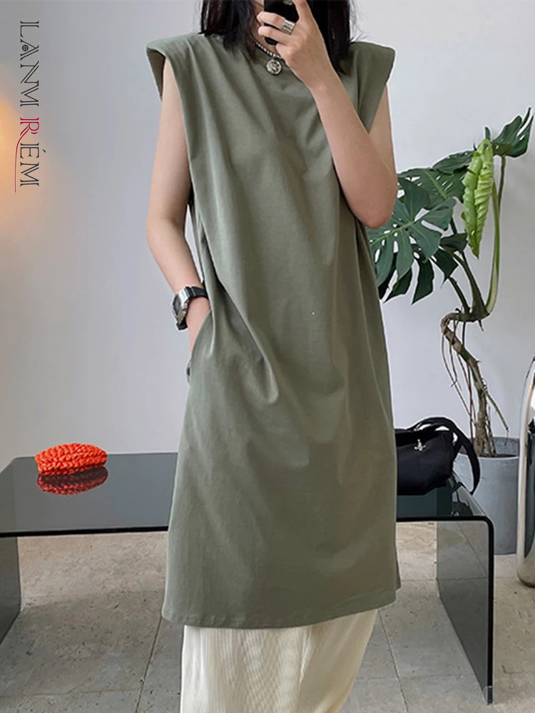 LANMREM Casual Sleeveless Solid Color Dress Women Round Neck Loose Solid Color Mid Length Dresses Versatile 2024 New 2AA4837