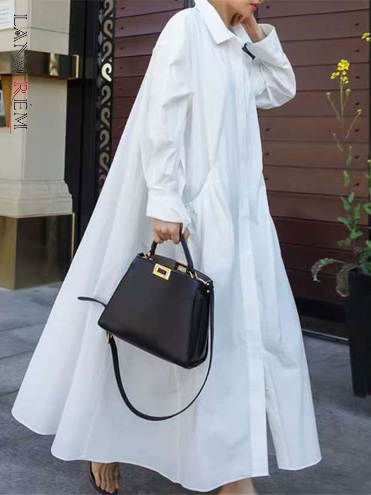 LANMREM Women Lapel Long Sleeve Summer Autumn Shirt Dress Cotton Elegant White Color Office Lady Vestidos Female Robe 2R2344