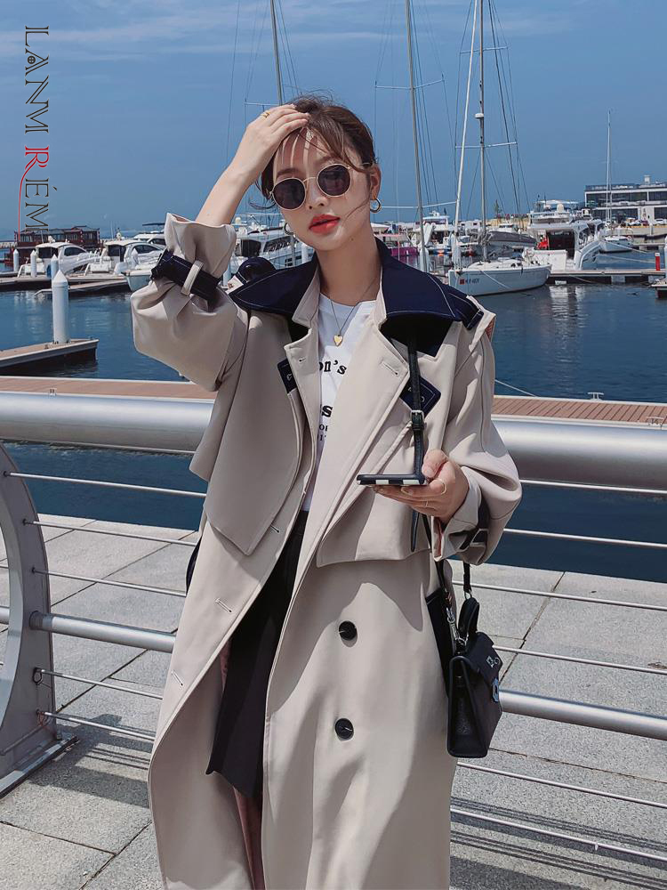 LANMREM Lapel Double Breasted Trench Coat For Women 2024 Spring New Patchwork Color Block Loose Chic Long Windbreaker 2R8725