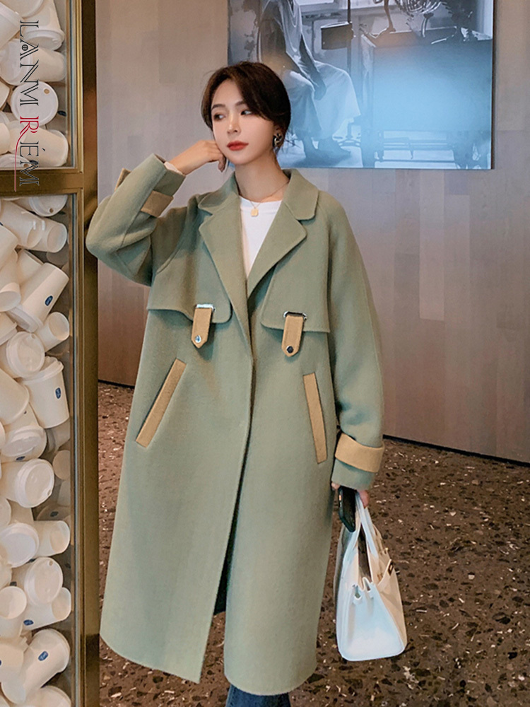 LANMREM Color Matching Woolen Coat Women Notched Single Breasted Pockets Coats Female Fashion Clothes 2024 Spring Winter 2R6421
