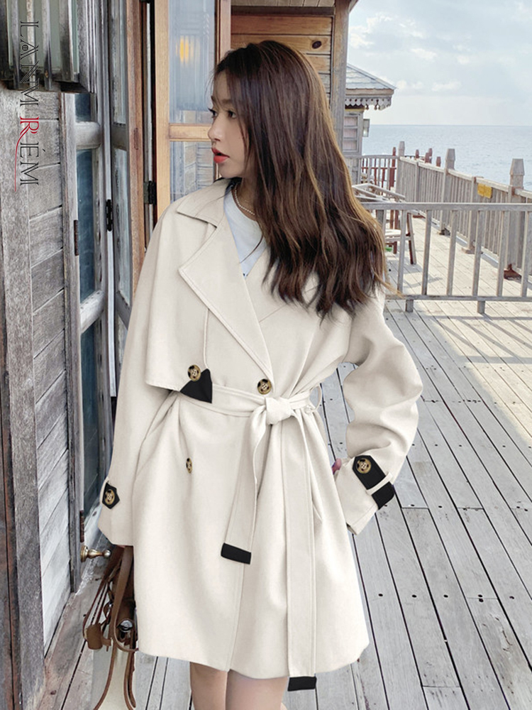 LANMREM Solid Color Trench Coat For Women Double Breasted A-line Windbreaker Long Sleeve Coat 2024 Spring Female Fashion 2N727