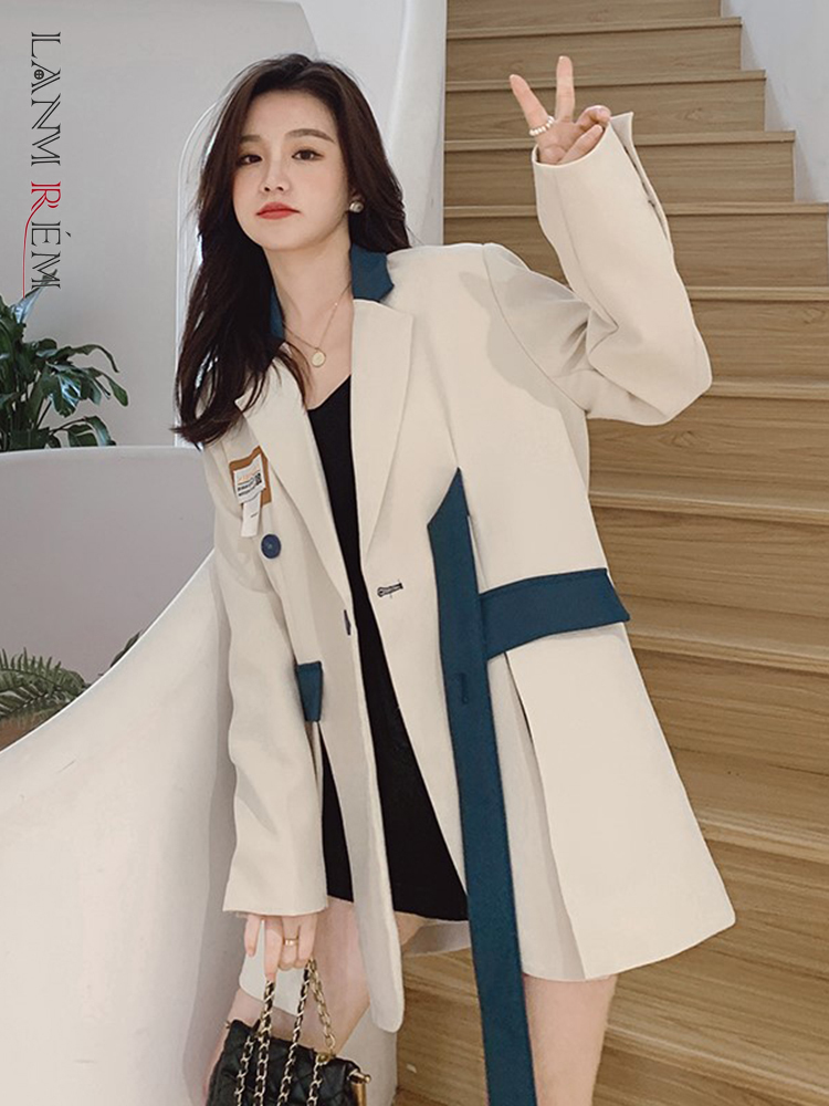 LANMREM Color Block Patchwork Blazer Notched Collar Long Sleeve Loose Asymmetrical Casual Coat Fashion Female 2024 Spring 2N691