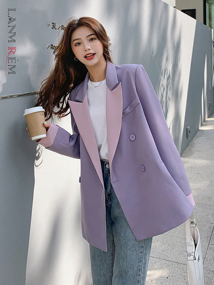 LANMREM 2024 New Women Spring Lapel Blazer Notched Double Breasted Patchwork Color Block Loose Coat Female Fashion 2J1330
