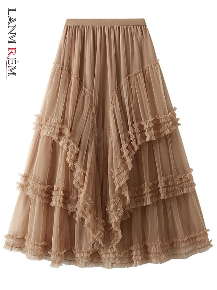 LANMREM Ruffles Design Sense Mesh Skirt For Women High Waist Solid Casual Layers A-line Clothing 2024 New Summer Trendy 2L2166