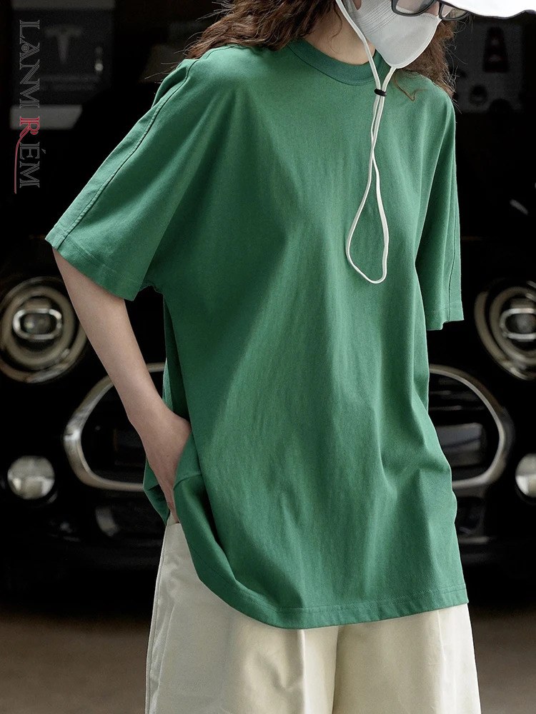 LANMREM Minimalism Loose T-shirt For Women Round Neck Short Sleeve Korean Style Female Tops Fashion 2024 Summer New 26D8770