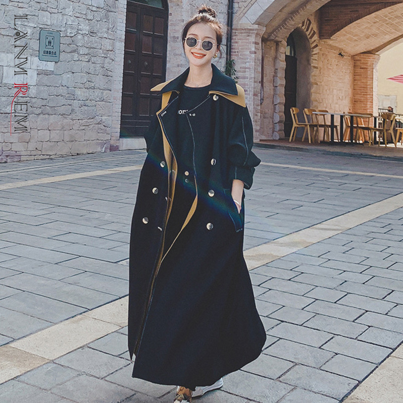 LANMREM 2024 Spring Winter New Contrast Color Topstitched Windbreaker Women Long Sleeve Trench Outerwear Female Fashion 2W1769