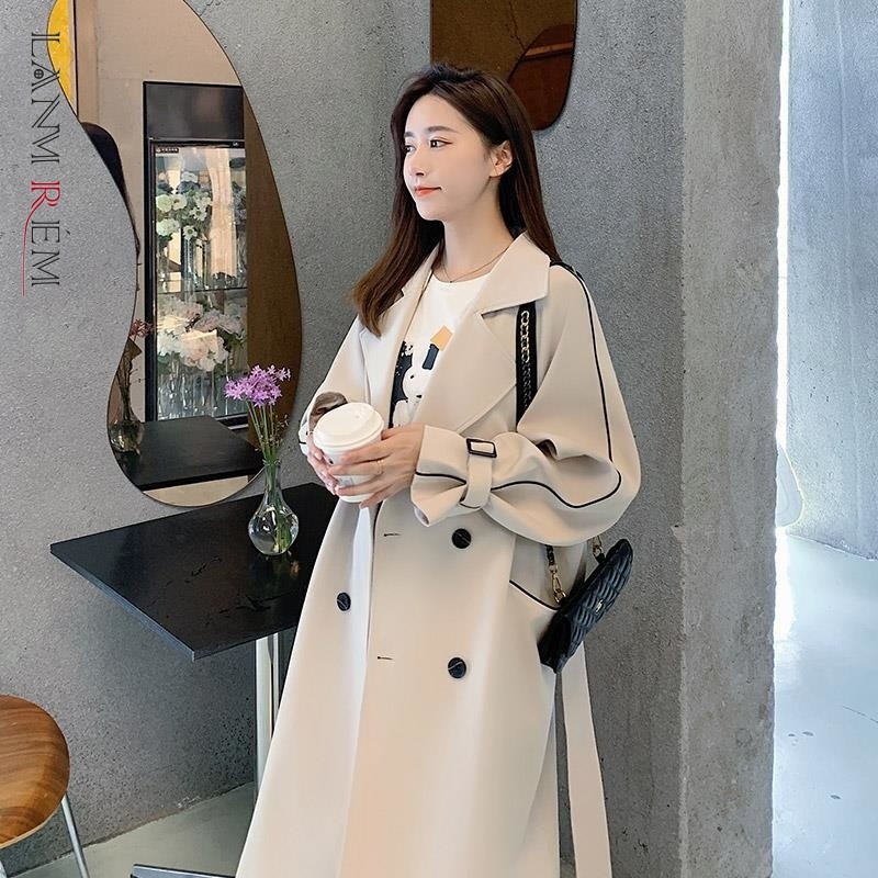 LANMREM 2024 Spring Winter New Windbreaker Women's Double Breasted Bandage Solid Color Trench Coat Female Fashion Clothes 2W1465