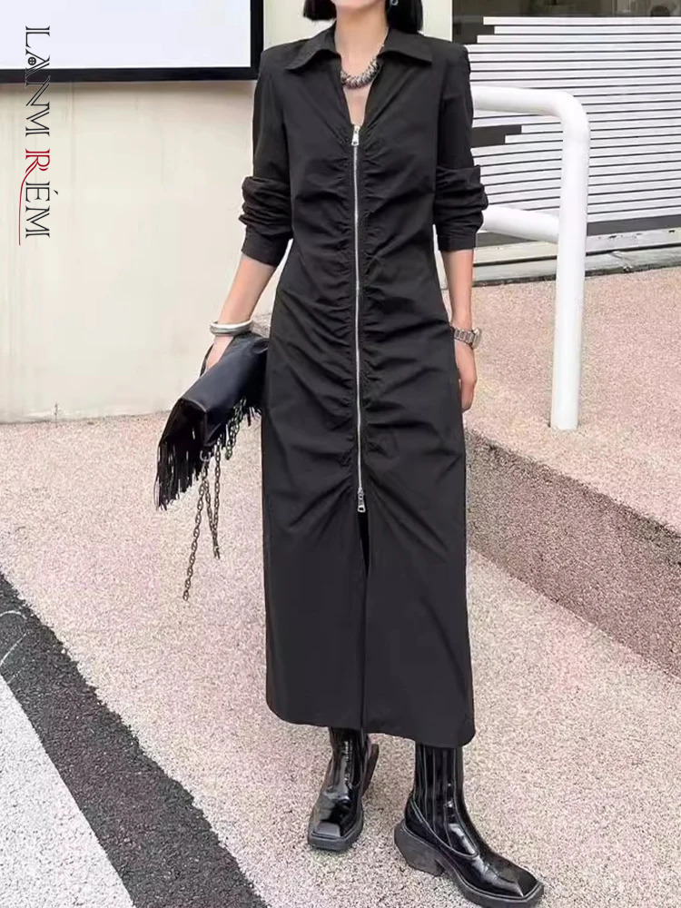 LANMREM Streetwear Zipper Black Dress For Women Lapel Long Sleeve Gathered Waist Dresses Fashion 2024 Spring New 26D8686