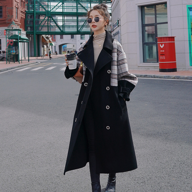LANMREM Korean Style Split Paid Double-breasted Coat 2024 Spring Winter Flare Waist Woolen Coats For Female Fashion 2A1593