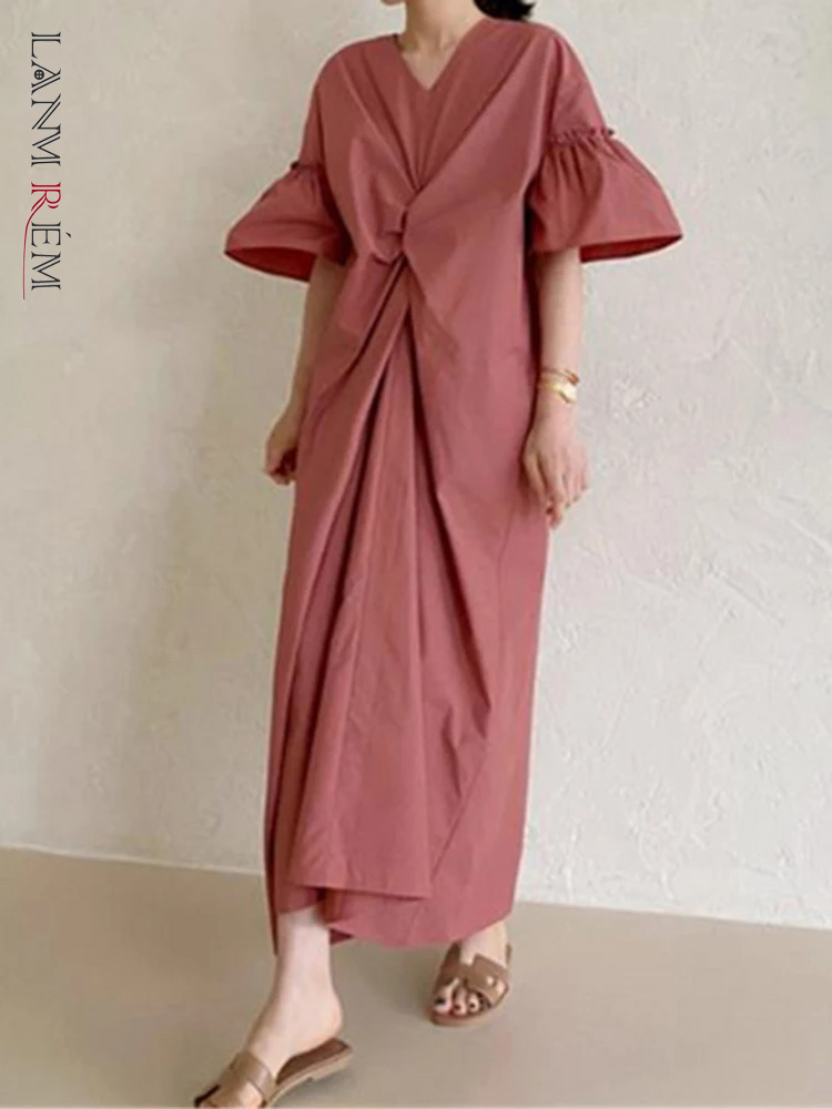 LANMREM Casual Solid Color Long Dress Women V Neck Flare Sleeves Loose Folds Dresses Fashion 2024 Spring New Clothing 2AA5173