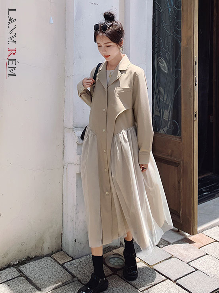 LANMREM  Stitching Mesh Trench Coat For Women Lapel Loose Casual Windbreaker Female Fashion Clothing 2024 Spring New 2R4849