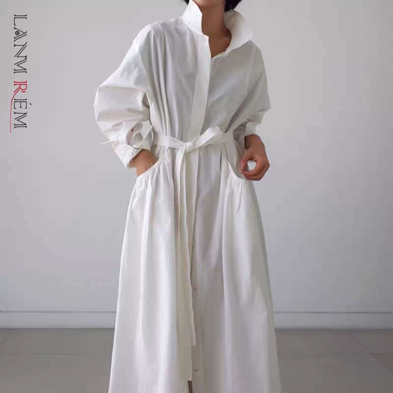 LANMREM Loose White Bandage Dress For Women 2024 Spring Long Sleeve Single Breasted Casual Dresses Women Fashion Clothing 2D1648