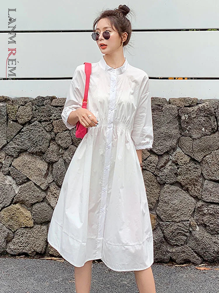LANMREM White Dress Women Stand Collar Three Quarter Sleeves Single Breasted A-line Dresses Summer 2024 New Clothes 2Z1029