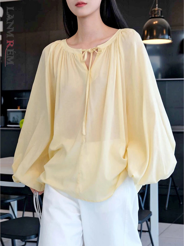LANMREM Lantern Sleeve Sunscreen Shirts For Women Round Neck Casual Loose Pullover Blouses Solid Tops 2024 Summer New 26D9054