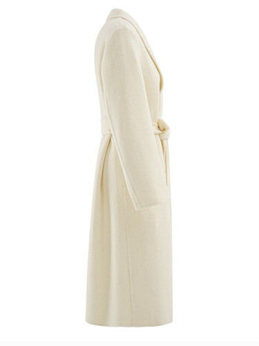 [EAM] Beige Big Size Belted Long Elegant Woolen Coat New Lapel Long Sleeve Women Jacket Fashion Tide Autumn Winter 2024  CPG2166