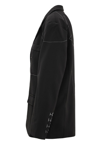 [EAM] Women Black Topstitched Big Size Elegant Blazer New Lapel Long Sleeve Jacket Fashion Tide Spring Autumn 2024 CPG1674