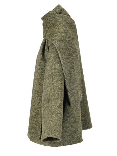 [EAM] Green Big Size With Scarf Woolen Coat New Round Neck Long Sleeve Women Jacket Fashion Tide Autumn Winter 2024 2DA2386
