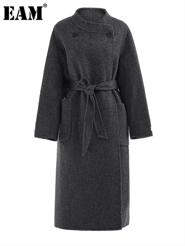 [EAM] Gray Thick Big Size Long Woolen Coat New Stand Collar Long Sleeve Women Jacket Fashion Tide Autumn Winter 2024 CPG2163
