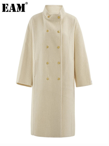 [EAM] Beige Double Breasted Big Size Woolen Coat New Stand Collar Long Sleeve Women Jacket Fashion Autumn Winter 2024 CPG2165