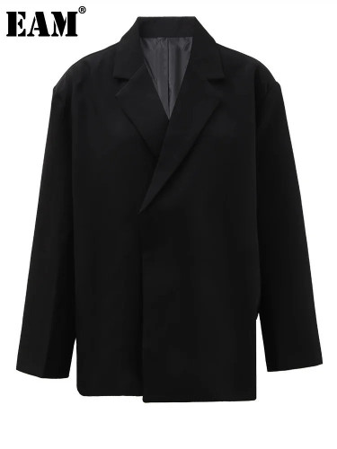[EAM] Women Black Brief Single Button Big Size Casual Blazer New Lapel Long Sleeve Jacket Fashion Spring Autumn 2024  CPG1638