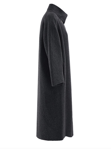 [EAM] Dark Gray Big Size Thick Long Woolen Coat New Stand Collar Long Sleeve Women Jacket Fashion Autumn Winter 2024 CPG2161