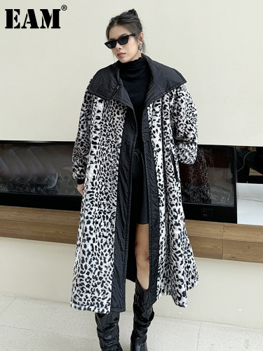 [EAM] Leopard Print Thick Big Size Warm Long Jacket New Lapel Long Sleeve Women Coat Fashion Tide Autumn Winter 2024  1DH7584