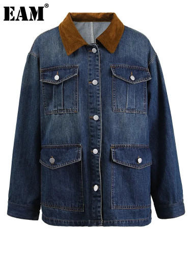 [EAM] Blue Corduroy Color-block Big Size Denim Jacket New Lapel Long Sleeve Women Coat Fashion Tide Spring Autumn 2024 CPG1296
