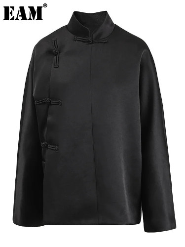 [EAM] Women Black Brief Buckle Big  Size Blazer New Stand Collar Long Sleeve Jacket Fashion Tide Spring Autumn 2024 CPG1286