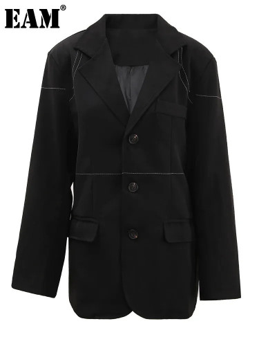 [EAM] Women Black Topstitched Big Size Elegant Blazer New Lapel Long Sleeve Jacket Fashion Tide Spring Autumn 2024 CPG1674