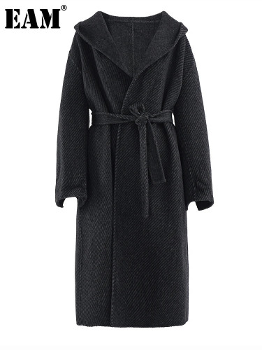[EAM] Gray Belted Big Size Thick Warm Woolen Coat New Hooded Long Sleeve Women Jacket Fashion Tide Autumn Winter 2024 CPG2168