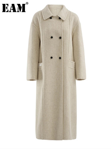 [EAM] Black Double Breasted Big Size Woolen Coat New Lapel Long Sleeve Women Jacket Fashion Tide Autumn Winter 2024  CPG2169