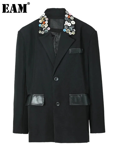 [EAM]  Women Black Colorful Button Big Size Blazer New Lapel Long Sleeve Loose Fit Jacket Fashion Spring Autumn 2024 1DF3113