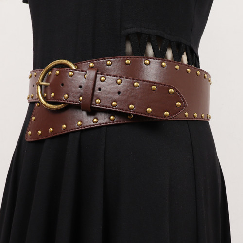 [EAM] Pu Leather Coffee Irregular Rivet Long Belt Personality Women New Fashion Tide All-match Spring Autumn 2024 1DH7250