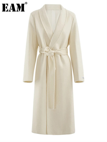 [EAM] Beige Big Size Belted Long Elegant Woolen Coat New Lapel Long Sleeve Women Jacket Fashion Tide Autumn Winter 2024  CPG2166